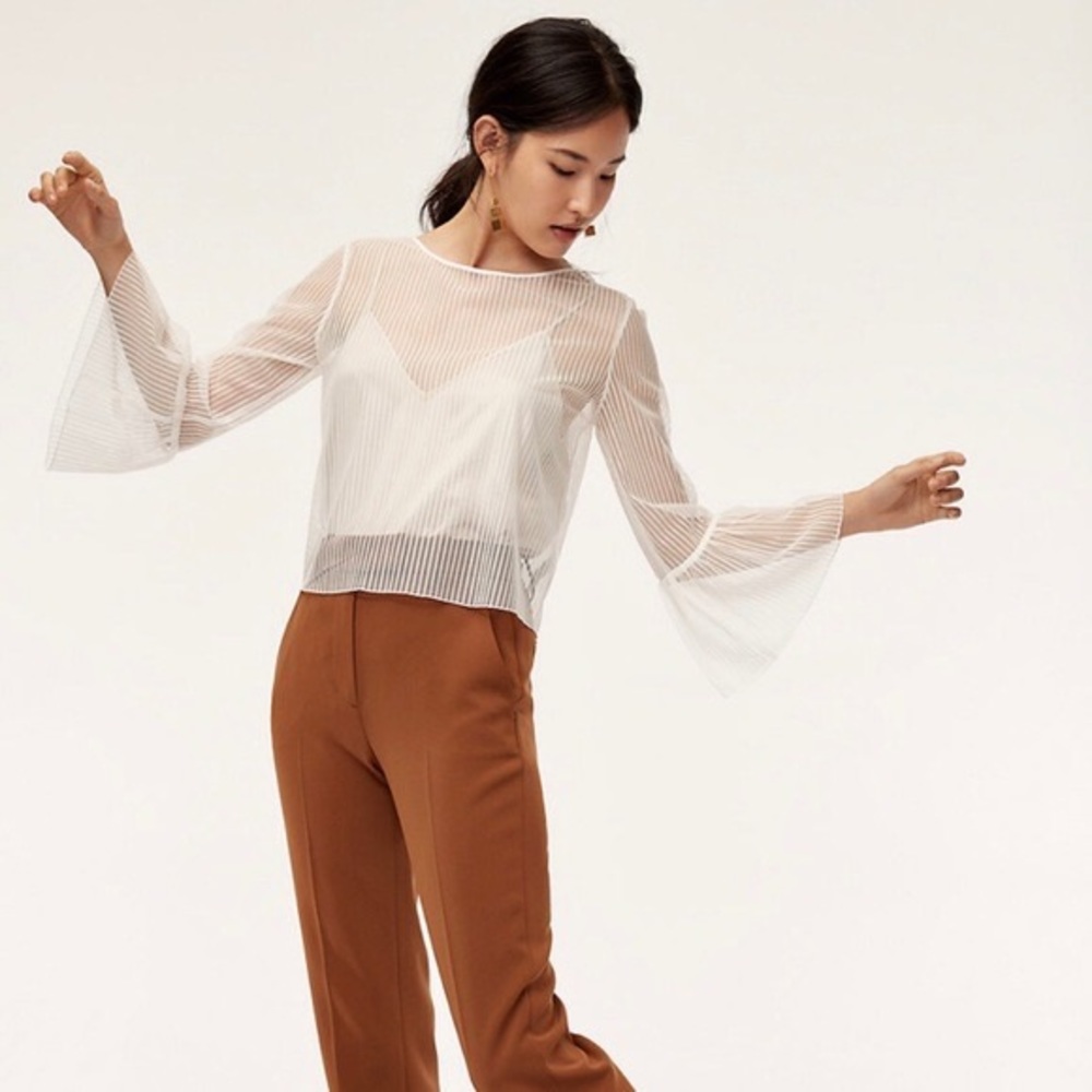 ARITZIA BABATON Humbert Blouse, Sheer White Striped Bell Sleeve Top Size Small
